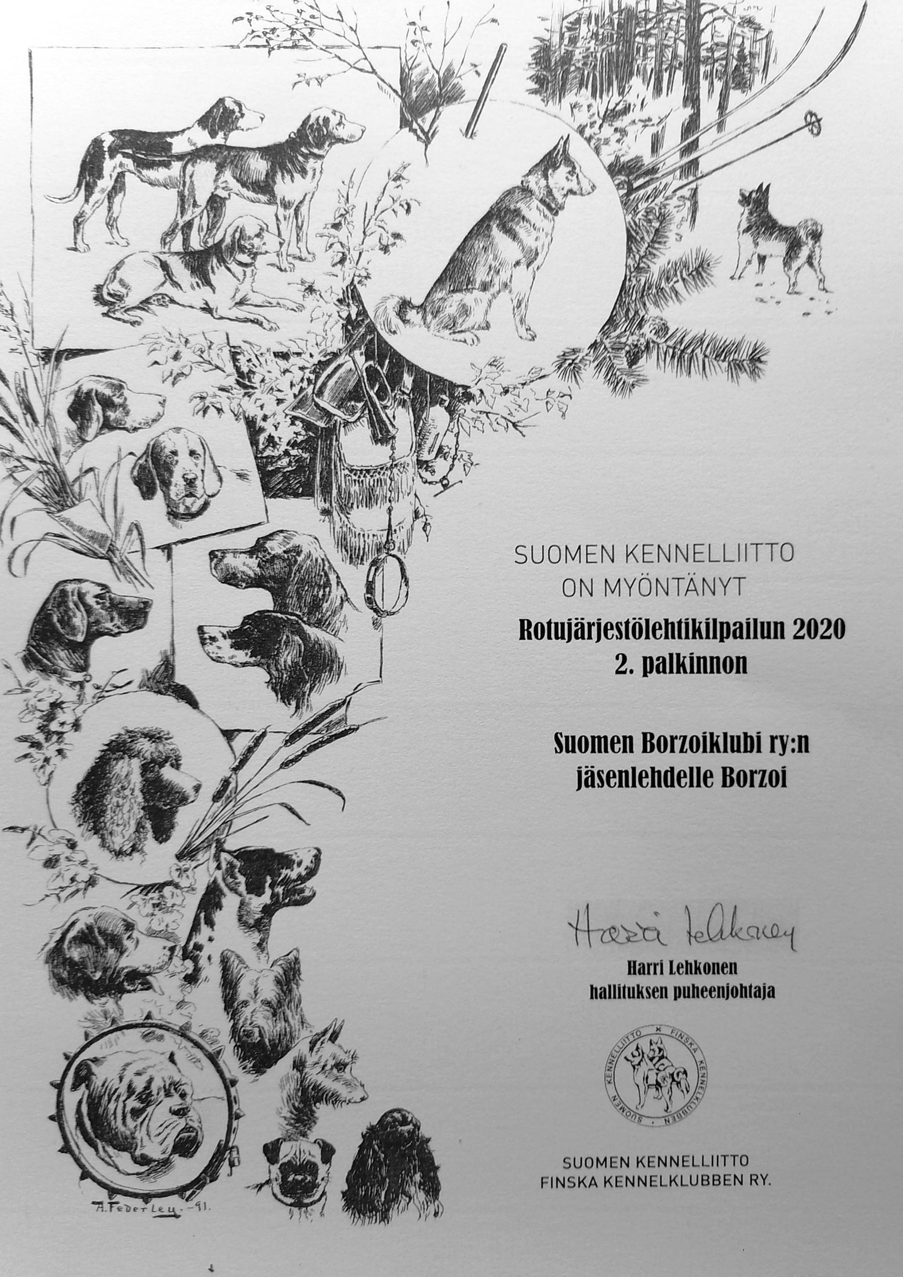 Suomen Kennelliiton rotujärjestölehtikilpailun palkinto 2020